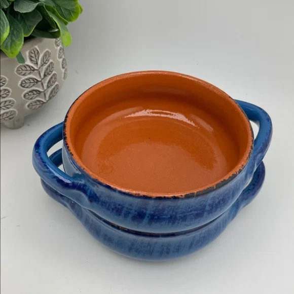 De Silva Ceramic Terracotta Soup Bowls Blue Glaze Set of Two - Made in Italy - Picture 3 of 4